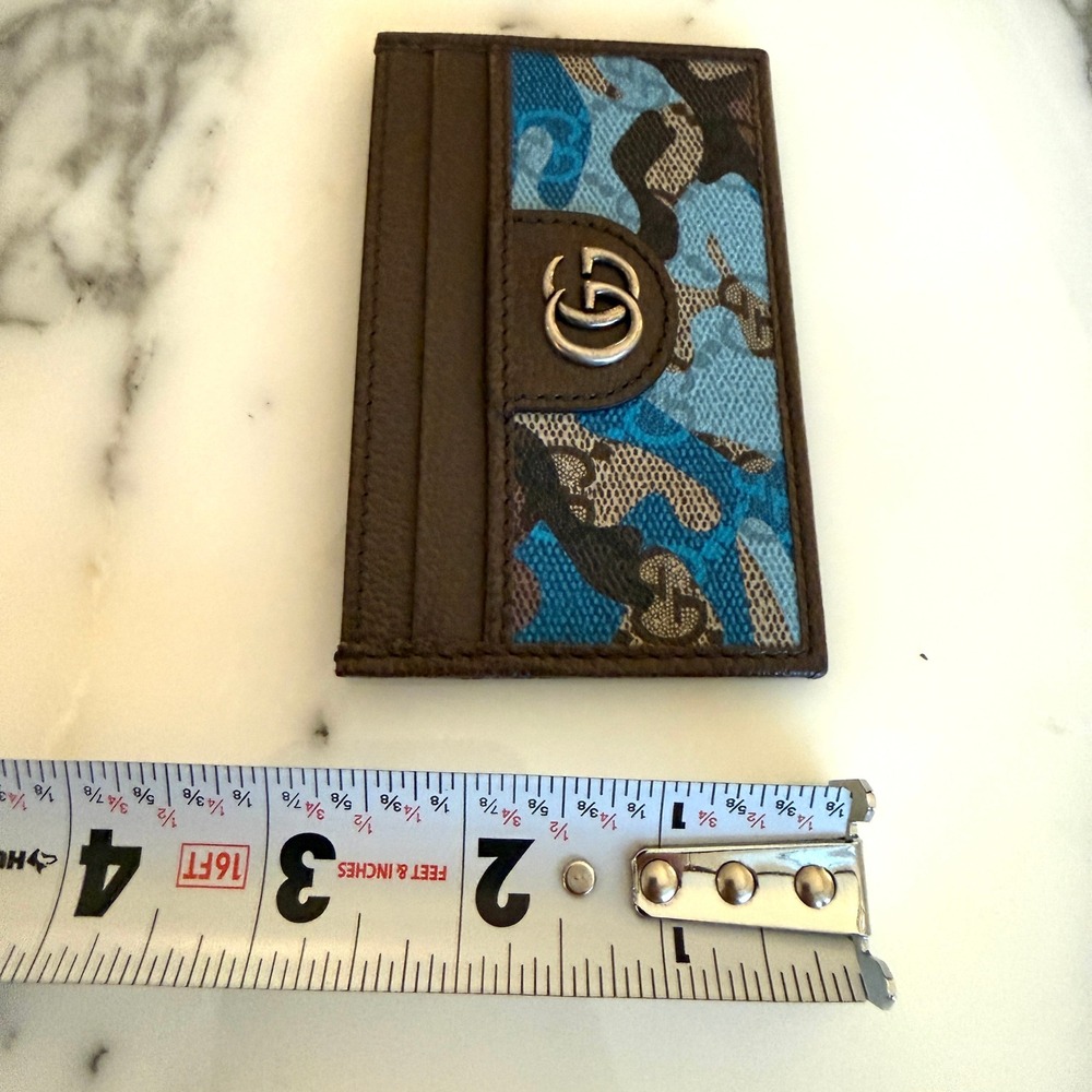 Gucci 834795 Brown Leather Blue Camo GG Supreme Canvas Card Holder Wallet - Picture 6 of 10